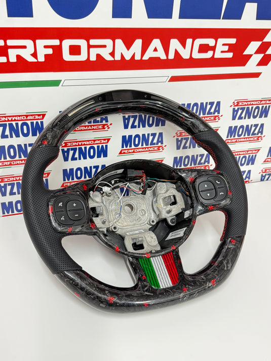 Volante LED 500 abarth restyling  MULTIFUNZIONE carbonio forgiato rosso- pelle